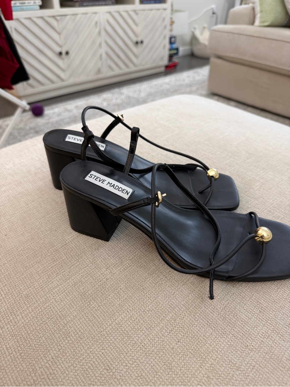Steve Madden Black Strappy Block Heel Sandals with Gold Accent